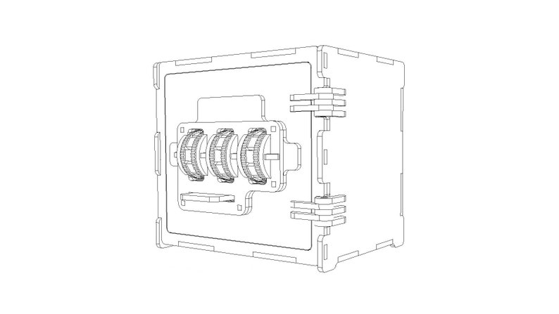 May include: A line drawing of a safe with a combination lock. The safe has a rectangular shape with a door that opens to the side. The combination lock has three dials with numbers on them.
