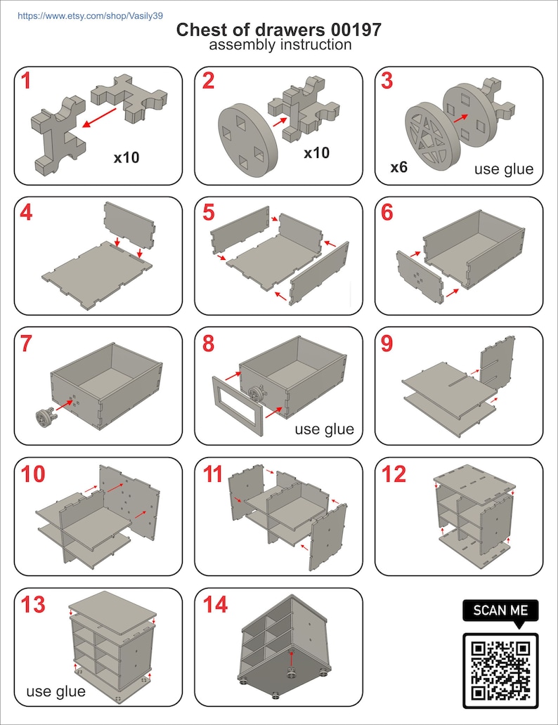 Chest of drawers 00197. 3mm, 1/8in, 3.6mm, 4mm. 4.5mm, 5mm, 5.5mm, 6mm, 1/4in. Laser cut files SVG, PDF, CDR. Digital product image 10