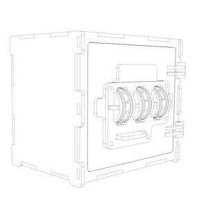 May include: A black and white line drawing of a safe with a combination lock. The safe has a rectangular shape with a door that opens to the side. The combination lock has three dials with numbers on them.
