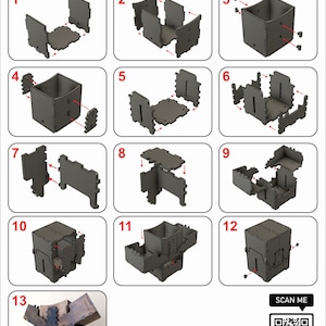 May include: A 13-step assembly instruction diagram for a geared card deck case. The diagram shows the steps for assembling a wooden box with a gear mechanism. The final image shows the completed case with a gear mechanism that allows the lid to open and close.