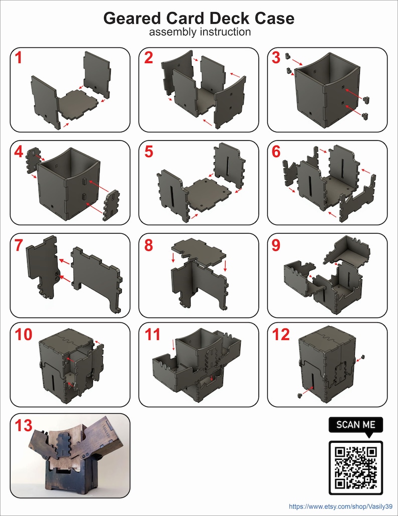 May include: A 13-step assembly instruction diagram for a geared card deck case. The diagram shows the steps for assembling a wooden box with a gear mechanism. The final image shows the completed case with a gear mechanism that allows the lid to open and close.