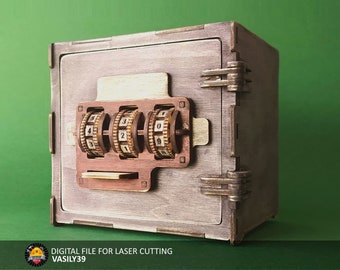 Caja fuerte con cerradura de combinación. 1/8 de pulgada (3,175 mm). Archivos de corte láser SVG, PDF, CDR Producto digital