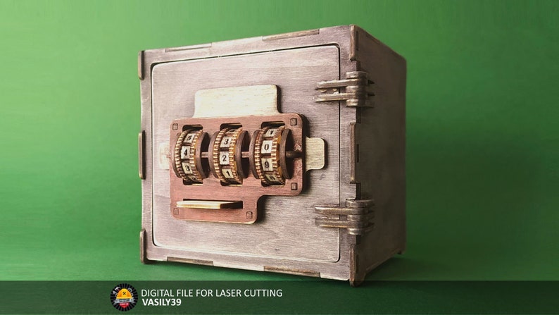 May include: A wooden safe with a combination lock. The safe is painted in a light brown color and has a metal handle. The combination lock has three dials with numbers 0-9.