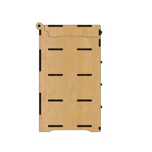 May include: A wooden box with a light brown finish and black trim. The box has a hinged lid and several compartments.