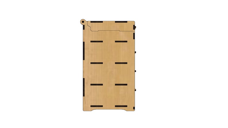 May include: A wooden box with a light brown finish and black trim. The box has a hinged lid and several compartments.