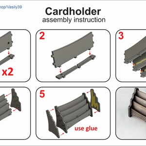 May include: Assembly instructions for a cardholder made of wood. The instructions show how to assemble the cardholder using glue. The final image shows the finished cardholder.