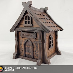 May include: A brown wooden model house featuring a gabled roof with shingle details, an arched door, and arched windows. A sign above the door reads Dragon's Roost. The structure includes engraved dragon motifs on the front panels and text at the bottom.