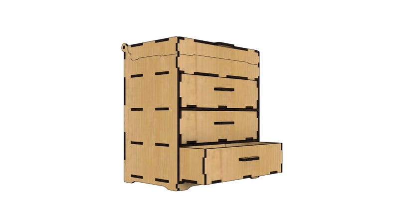 May include: A wooden dresser with four drawers, including one that is open. The dresser is made of light brown wood with black trim. The drawers have black handles.