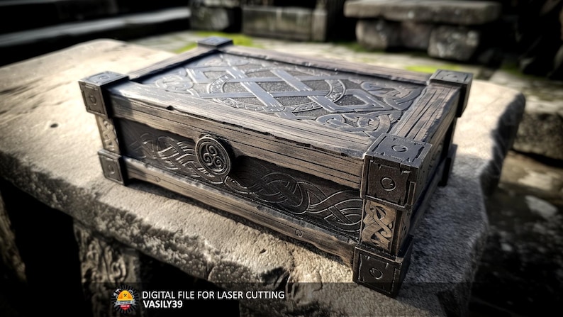 Finished wooden box with intricate Celtic knot engraving, laser cut design.