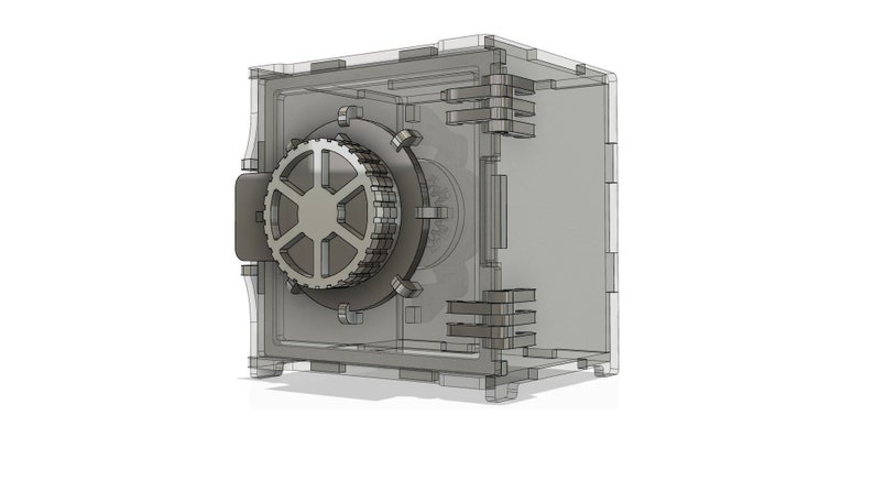May include: A clear plastic model of a safe with a metal dial and a door that opens. The safe is designed to be a decorative piece.