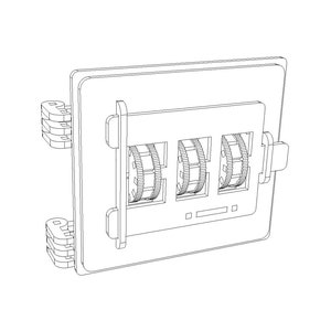 May include: A black and white line drawing of a three-dial combination lock. The lock has a rectangular frame with three round dials and a small handle on the right side.