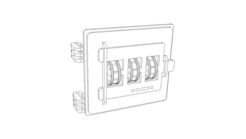May include: A black and white line drawing of a three-dial combination lock. The lock has a rectangular frame with three round dials and a small handle on the right side.