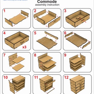 May include: Assembly instructions for a wooden commode with 4 drawers and 3 shelves. The instructions are numbered 1 through 12 and show the steps for assembling the commode.