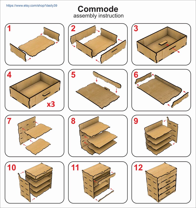 May include: Assembly instructions for a wooden commode with 4 drawers and 3 shelves. The instructions are numbered 1 through 12 and show the steps for assembling the commode.