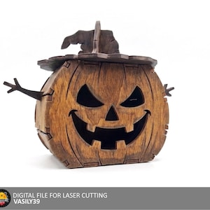 Halloween pumpa låda laserskuren fil, Jack O'Lantern godisask SVG, häxhatt trä förvaringslåda, Glowforge höstdekor vektorritningar cdr pdf ai