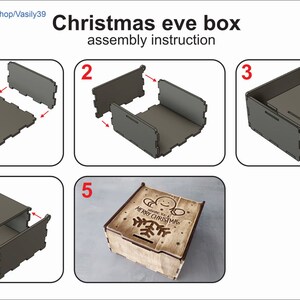 May include: Assembly instructions for a wooden Christmas Eve box. The box is decorated with a snowman and the words "Merry Christmas". The instructions show how to assemble the box from five pieces.