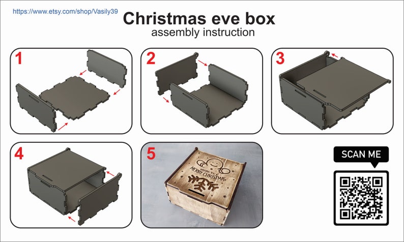 May include: Assembly instructions for a wooden Christmas Eve box. The box is decorated with a snowman and the words "Merry Christmas". The instructions show how to assemble the box from five pieces.