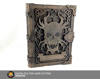 Laserskärna filer Dödskalle boklåda SVG, gotisk grimoire förvaring, Wendigo smyckeskrin vektor, 3D-skiktat träprojekt, CNC-mönster 00268