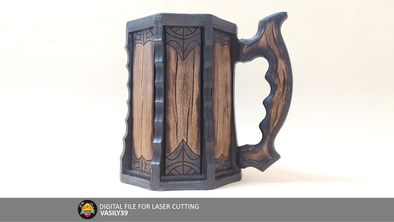 May include: A wooden beer stein with a dark brown finish and intricate carvings. The stein has a hexagonal body and a large handle.