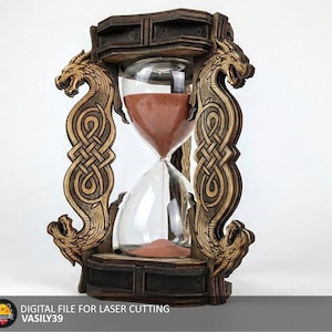 May include: A wooden hourglass with a decorative frame featuring dragon designs. The hourglass has a clear glass bulb with brown sand. The frame is dark brown with intricate carvings. The base of the hourglass is also dark brown.