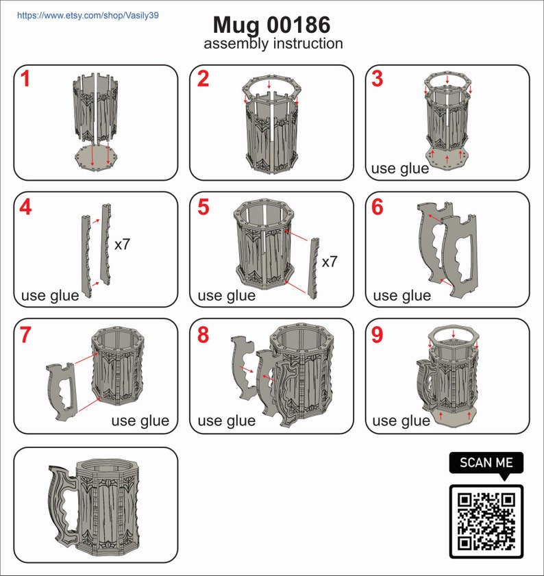 May include: Assembly instructions for a 3D printed mug with a medieval design. The instructions show how to assemble the mug from nine separate pieces using glue. The mug is made of wood and has a detailed design with intricate carvings. The instructions include a QR code for scanning.