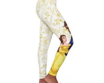 Mid Waist Sport Leggings Belle and Her Beast Disney Inspired Capri Length Mid Waist Sport Leggings Belle and Her Beast Disney Inspired Capri Length