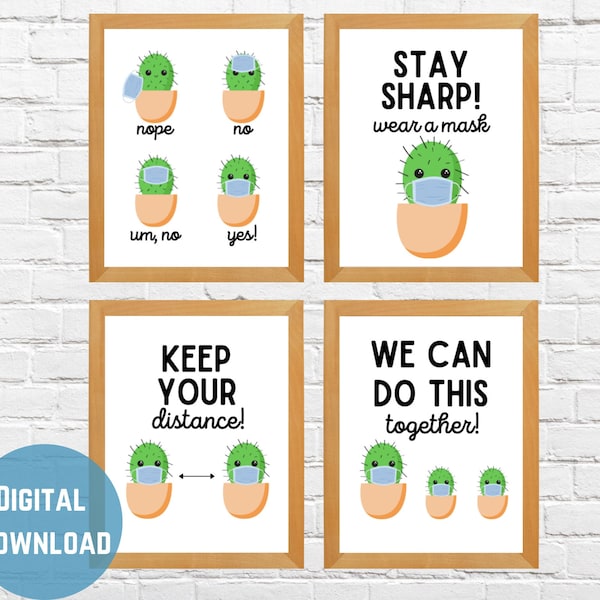 Cute Cactus Theme Teacher COVID Classroom Poster Set of 4, School Safety Signs, Instant Download, Kid-friendly Health, Face Mask Sign