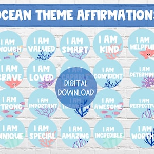May include: A set of 15 printable affirmation cards featuring ocean-themed illustrations and positive messages. The cards include phrases like "I am enough", "I am valued", "I am smart", "I am kind", "I am helpful", "I am brave", "I am loved", "I am capable", "I am confident", "I am determined", "I am strong", "I am important", "I am thankful", "I am awesome", "I am respectful", "I am unique", "I am special", "I am amazing", "I am incredible", and "I am worthy".