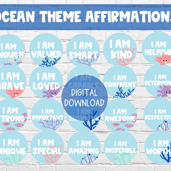 Ocean Theme Positive Affirmations | Ocean Sea Affirmations | DIGITAL DOWNLOAD | Classroom Positive Messages | I Am Messages