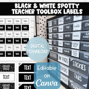Black and White Spotty Teacher Toolbox | Editable on Canva | Dotted Teacher Toolbox | Teacher Organization Labels Template | Small Drawers