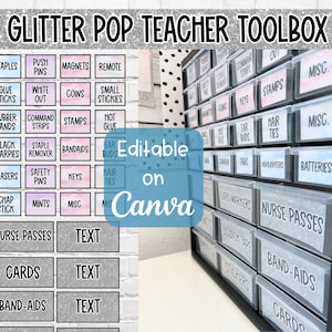 May include: A set of 12 clear plastic drawers with labels for classroom supplies. The labels are printed with a glitter effect and have a variety of colors and patterns. The labels include: staples, push pins, magnets, remote, glue sticks, white out, coins, small stickies, rubber bands, command strips, stamps, hot glue, black sharpies, staple remover, bandaids, ear buds, erasers, safety pins, keys, hair ties, chap stick, mints, misc., nurse passes, text, cards, and band-aids.