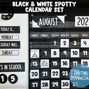 Black and White Spotty Classroom Calendar | DIGITAL DOWNLOAD | Printable Classroom Calendar | Black & White Classroom Decor | Calendar Time