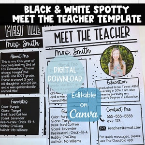 Plantilla Meet The Teacher: Blanco y negro irregular / Editable en Canva / DESCARGA DIGITAL / Todo sobre el tema Teacher Black & White / Imprimible