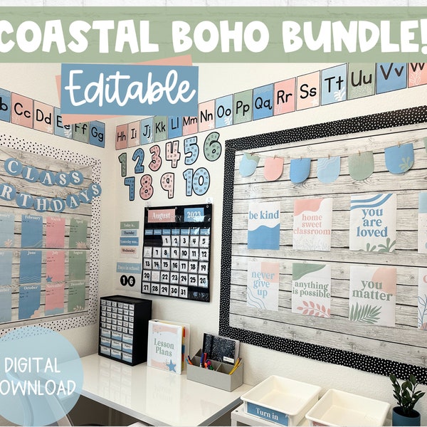 Coastal Boho Theme BUNDLE! | Editable | DIGITAL DOWNLOAD | Printable Classroom Decor | Calm Ocean Vibes Theme Classroom | Coastal Theme