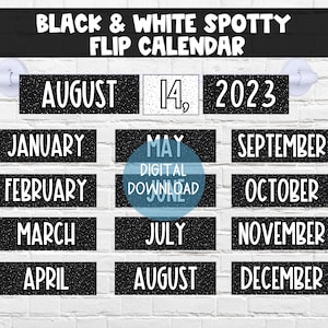 Black & White Spotty Theme Klassenzimmer Klappkalender | DIGITALER DOWNLOAD | Druckbarer Klassenzimmer Flip Kalender | Gardinenstange Klassenzimmer Kalender