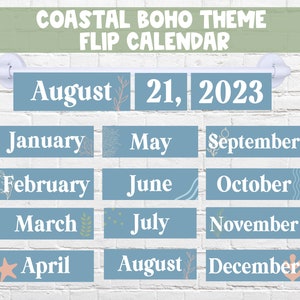 Coastal Boho Theme Klassenzimmer Flip Kalender | DIGITALER DOWNLOAD | Druckbarer Klassenzimmer Flip Kalender | Calm Ocean Klassenzimmer Dekor Kalender