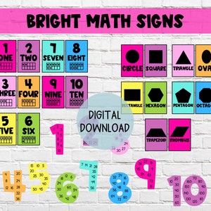 May include: A set of colorful educational posters for teaching math. The posters feature numbers 1-10, the words for each number, and a visual representation of each number. The posters also include geometric shapes with their names, such as circle, square, triangle, oval, rectangle, hexagon, pentagon, octagon, trapezoid, and rhombus.