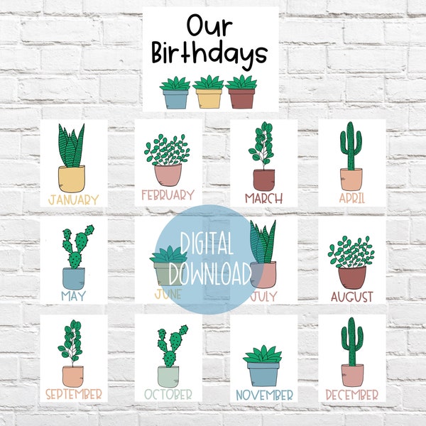 Plant Theme Birthday Display | Classroom Monthly Birthday Chart | Botanical Birthday Chart | Cactus Theme Birthday Bulletin Board Signs