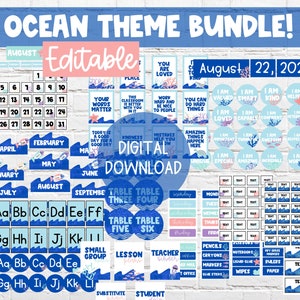 Ocean Theme Classroom BUNDLE Editable on Canva Digital Download Modern Ocean Theme Classroom Coastal Theme 2023 Classroom image 1