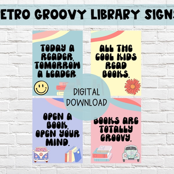 Retro Groovy Library Signs | Boho Retro Classroom Library | DIGITAL DOWNLOAD | Today A Reader Tomorrow A Leader | Cool Kids Read Poster