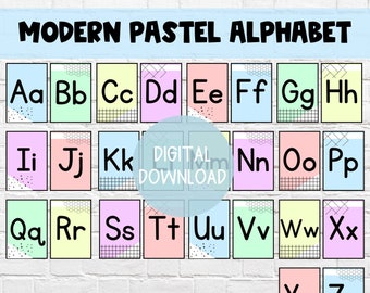 Graphique alphabet pastel moderne | TÉLÉCHARGEMENT NUMÉRIQUE | Thème pastel Panneaux ABC imprimables | Salle de classe à thème pastel clair | Alphabet élémentaire