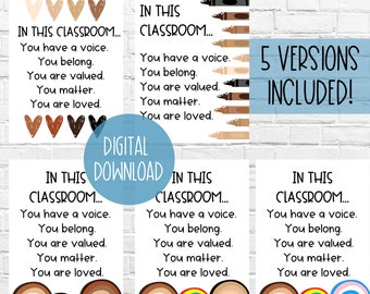 In This Classroom Diversity Signs | DIGITAL DOWNLOADS | All Are Welcome Here Poster | You Matter 5 Versions | LGBTQ+ And Skin Tone Rainbows