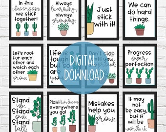 Growth Mindset Classroom Signs | Plant Cactus Succulent Theme | Pastel Neutral Colors | Nature Theme Classroom Motivational Posters