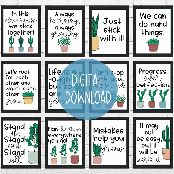 Growth Mindset Classroom Signs | Plant Cactus Succulent Theme | Pastel Neutral Colors | Nature Theme Classroom Motivational Posters