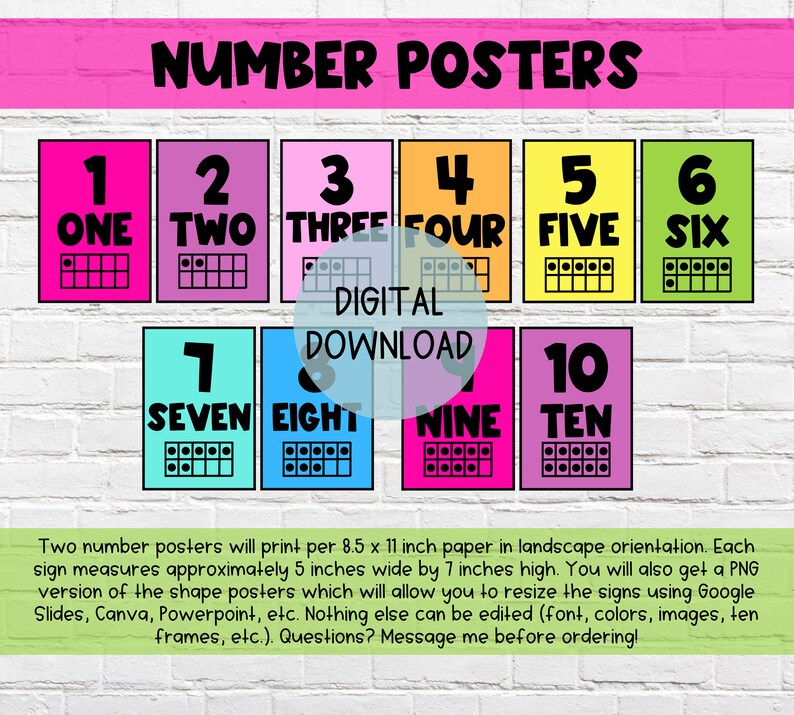 Heldere elementaire wiskundetekens | Klaslokaal Brights Wiskundeposters | DIGITALE DOWNLOAD | Telnummers overslaan | 2D-vormposters | Nummerposters afbeelding 4