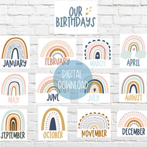 Boho Rainbow Birthday Display | Classroom Monthly Birthday Chart | Rainbow Birthday Chart | Our Birthdays Bulletin Board Signs | Boho Theme