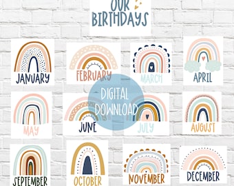 Exhibición de cumpleaños Boho Rainbow / Gráfico de cumpleaños mensual del aula / Gráfico de cumpleaños arco iris / Nuestros letreros del tablón de anuncios de cumpleaños / Tema Boho