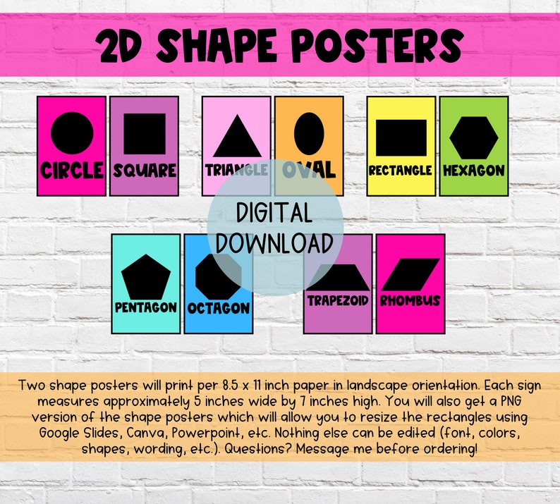 Op de afbeelding: Een set van 12 kleurrijke posters met verschillende 2D-vormen, waaronder een cirkel, een vierkant, een driehoek, een ovaal, een rechthoek, een zeshoek, een vijfhoek, een achthoek, een trapezium en een ruit. De posters zijn ontworpen voor digitaal downloaden en kunnen worden aangepast in grootte met behulp van Google Slides, Canva of PowerPoint. Elke poster meet ongeveer 12,7 cm breed en 17,8 cm hoog.