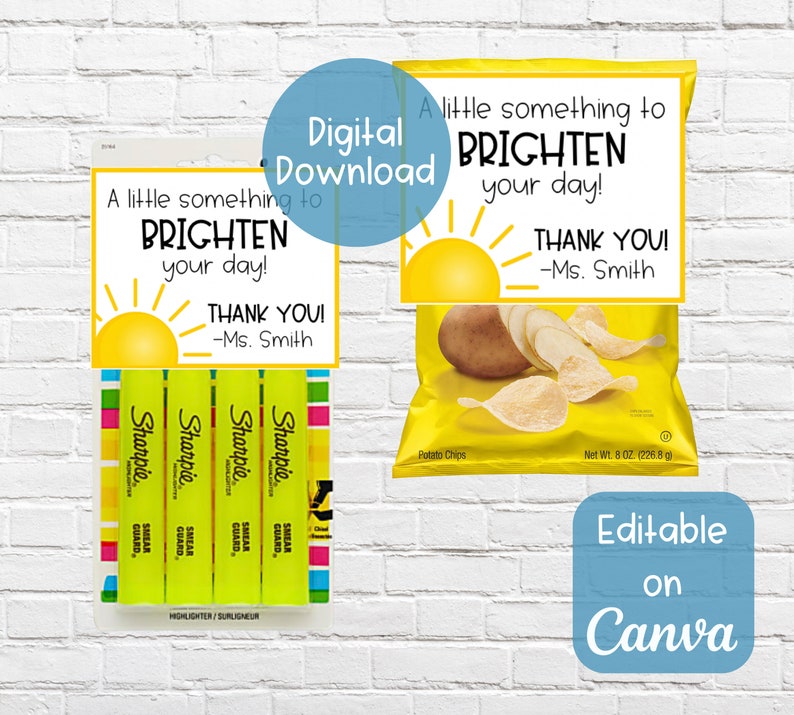 Bright Thank You Tag PRINTABLE Editable on Canva Yellow Theme Snack Teacher Gift Highlighter Gift Tag PTO Gift Tag image 2