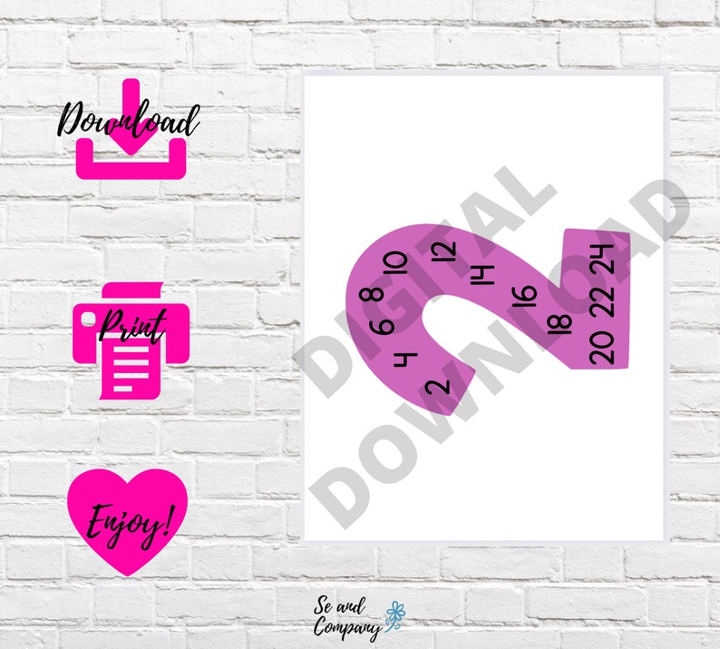 Op de afbeelding: Printbare roze nummer twee met de nummers 0-24 eromheen. De nummers zijn zwart en de achtergrond is wit. De tekst "Download, Print, Geniet!" is roze op een witte achtergrond.